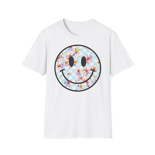 Smiley Floral T-Shirt — Retro Happy Face with Cherry Blossom Print